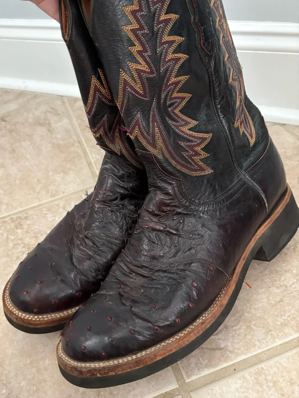 Lucchese 2000 Black Cherry Ostrich Leather Cowboy Boots Men's 10 EE Vintage